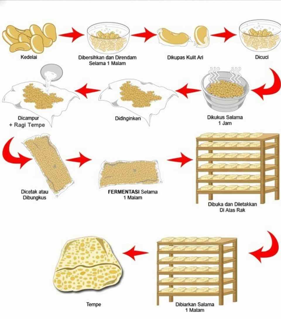 Cara Membuat Tempe: Proses Fermentasi Kedelai dengan Ragi Diagram langkah-langkah proses tradisional pembuatan tempe dari kedelai