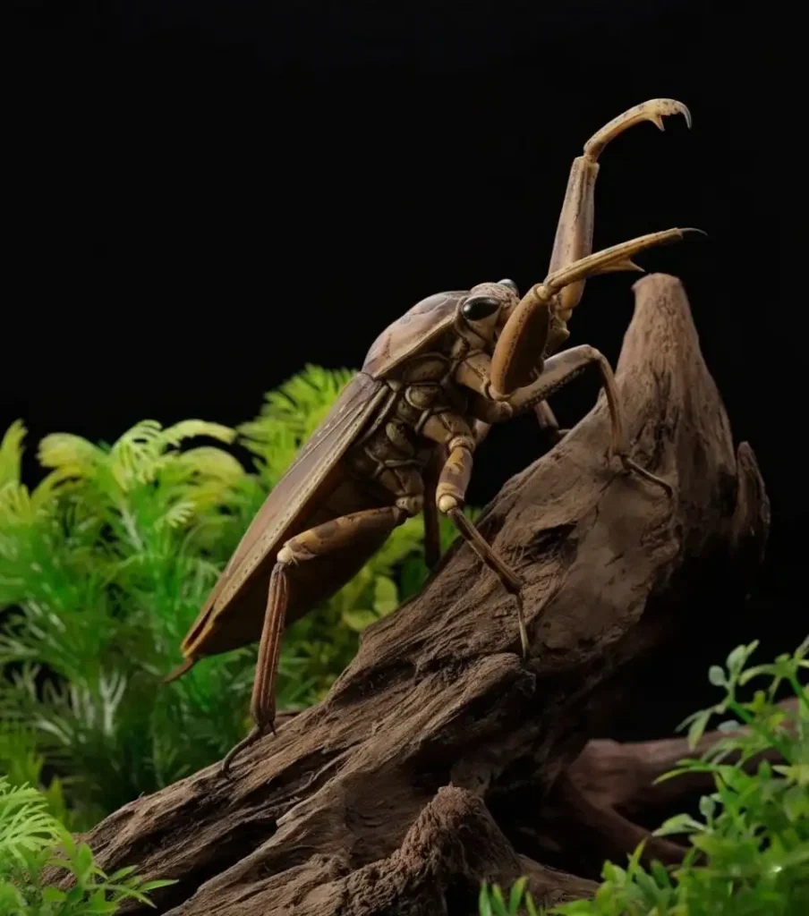 Kirkaldyia deyrolli dalam pose siaga di atas sepotong kayu, dengan cakar depannya yang tajam terlihat jelas.