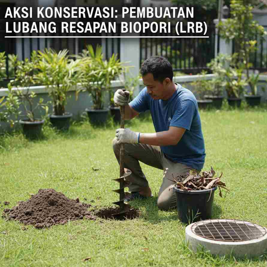 Seorang pria berjongkok di rumput, menggali tanah menggunakan bor biopori untuk membuat Lubang Resapan Biopori (LRB).