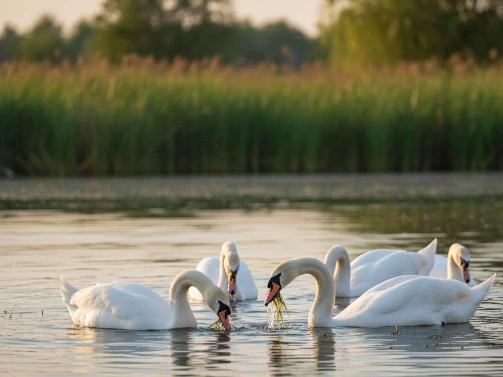 Beberapa angsa sedang mencari makan di perairan dangkal, dengan kepala dan leher terbenam untuk mencapai vegetasi akuatik.