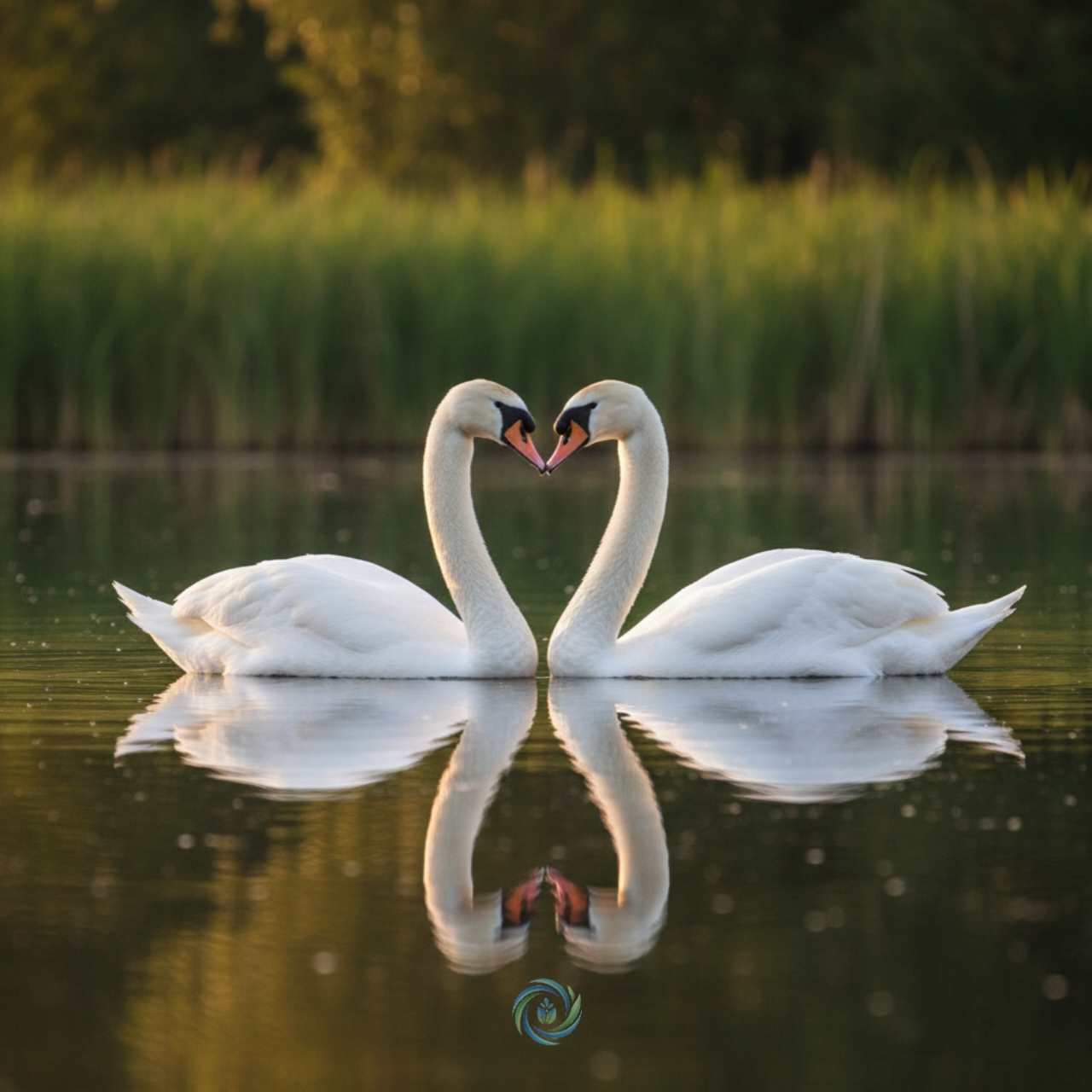 Dua ekor angsa putih saling berhadapan di atas air, leher mereka yang panjang dan anggun melengkung membentuk simbol hati.
