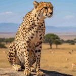 cheetah duduk batu sabana afrika tatapan jauh satwa liar