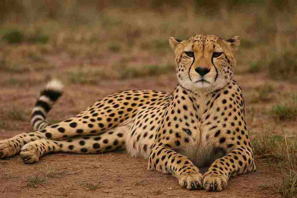 Cheetah santai berbaring di tanah, tampak tenang.