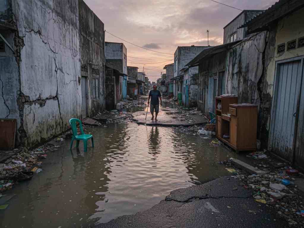 Jalanan pemukiman kumuh di pesisir Jakarta terendam air, menunjukkan dampak serius dari Land Subsidence (penurunan tanah).