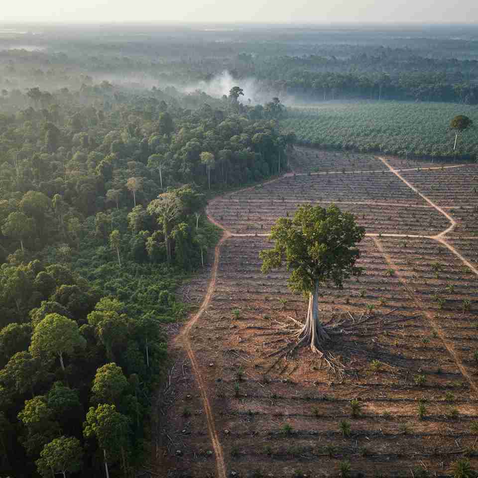Area hutan yang ditebang dengan satu pohon besar tersisa, memperlihatkan dampak deforestasi di Indonesia.