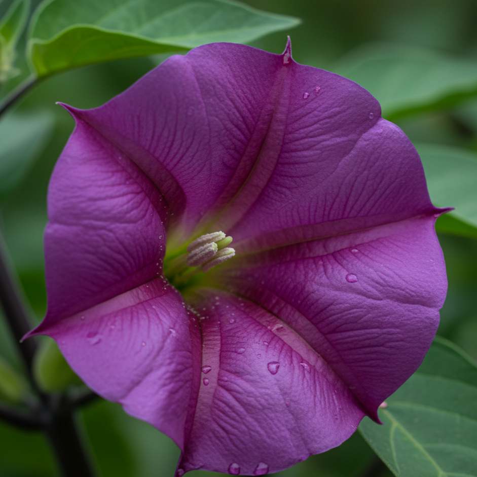 Foto close-up bunga kecubung ungu yang mekar sempurna, memperlihatkan detail kelopak berbentuk terompet dan warna gradasi dari putih ke ungu.