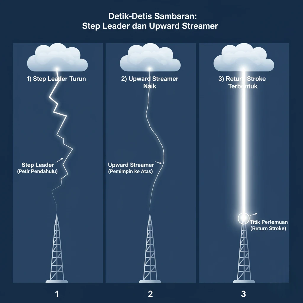Ilustrasi 3 tahap mekanisme petir: Step Leader turun, Upward Streamer naik, dan Return Stroke terbentuk di titik pertemuan.