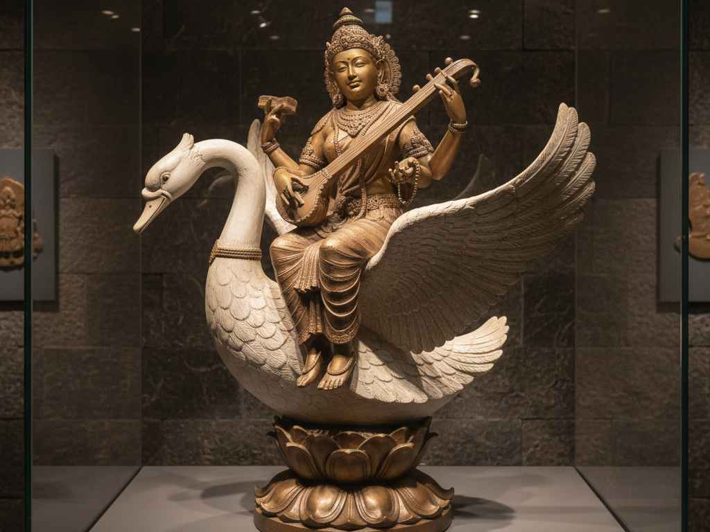 Ilustrasi Dewi Saraswati, dewi pengetahuan Hindu, yang duduk di atas wahananya, seekor angsa putih suci yang disebut Hamsa.