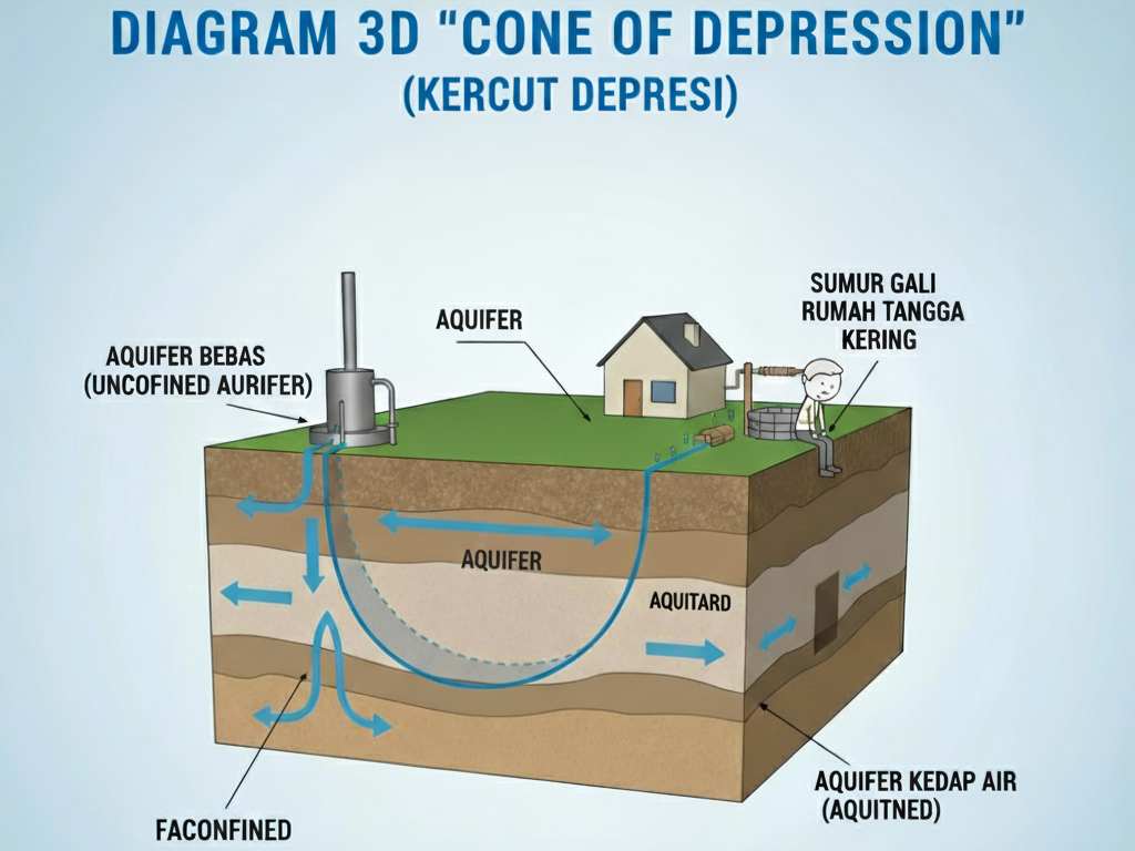 Ilustrasi 3D Cone of Depression, menunjukkan sumur industri menyebabkan penurunan muka air tanah yang mengeringkan sumur gali rumah tangga.