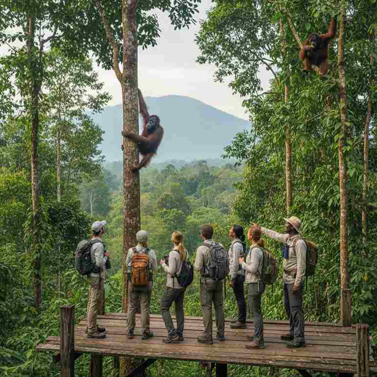Sekelompok wisatawan mengamati orangutan di habitat alaminya di hutan Kalimantan.