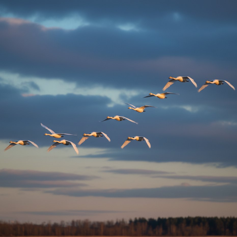 Sekawanan angsa terbang di langit biru dalam formasi V yang teratur, menunjukkan perilaku migrasi mereka.