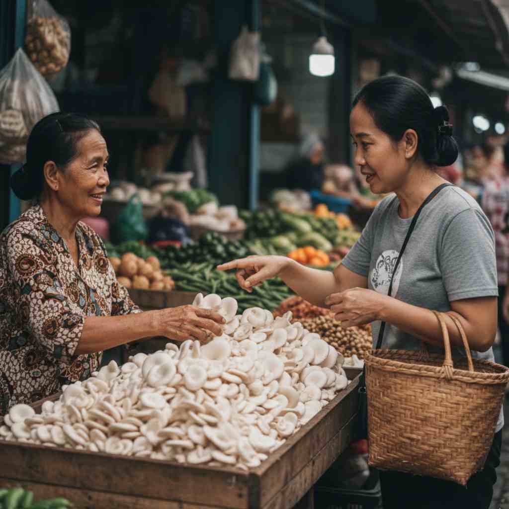 Jamur tiram segar dijual dalam jumlah banyak di sebuah pasar tradisional di Indonesia, menunjukkan harganya yang terjangkau untuk masyarakat luas.