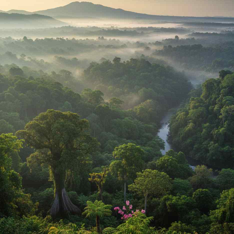 Lanskap hutan tropis Indonesia yang rimbun dengan kabut pagi dan aliran sungai alami di tengah pegunungan.