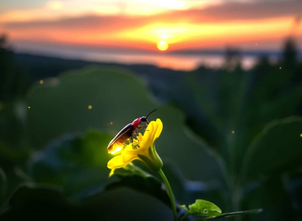 kunang-kunang di bunga kuning saat matahari terbenam