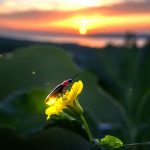 kunang-kunang di bunga kuning saat matahari terbenam