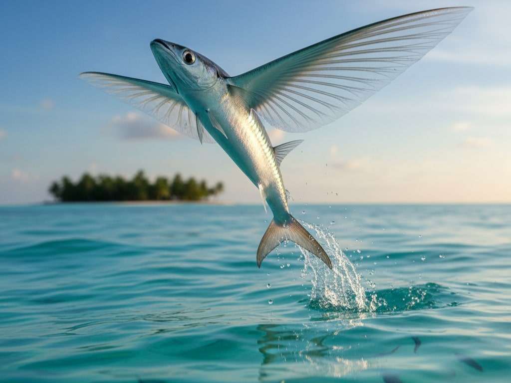 Seekor ikan terbang melompat tinggi di atas air laut biru dengan latar pulau tropis.