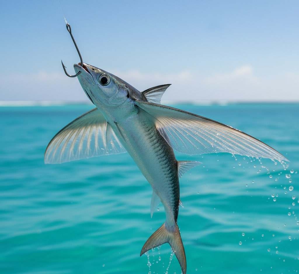 Ikan torani atau ikan terbang melompat dari laut setelah terpancing di perairan tropis biru