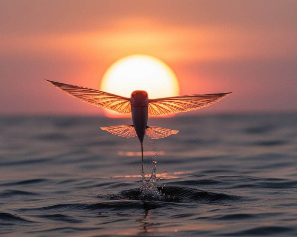 Ikan terbang melompat ke arah matahari terbenam di laut.