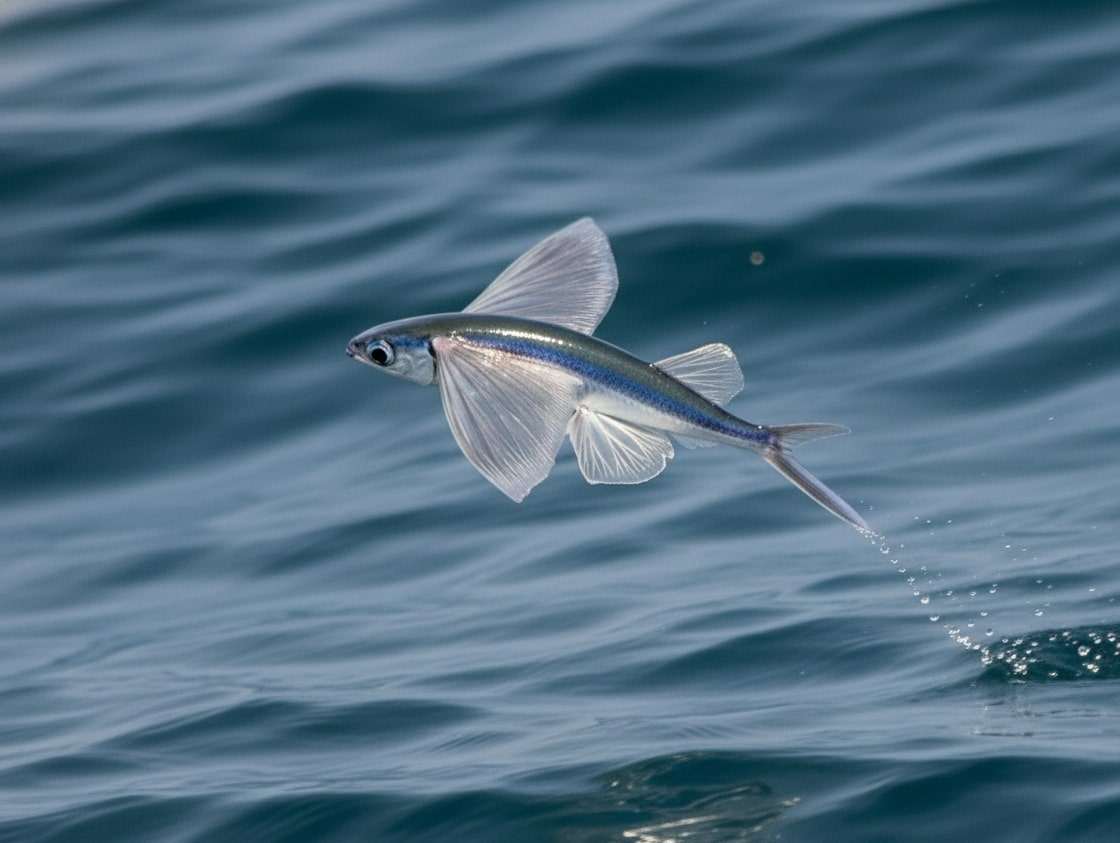 Ikan terbang berenang di permukaan air laut biru.