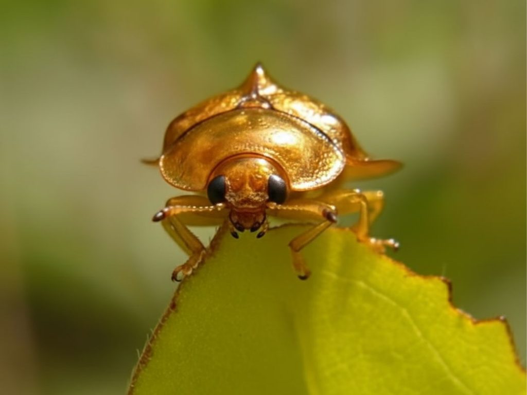 Kumbang kura-kura emas sedang menggigit daun hijau.