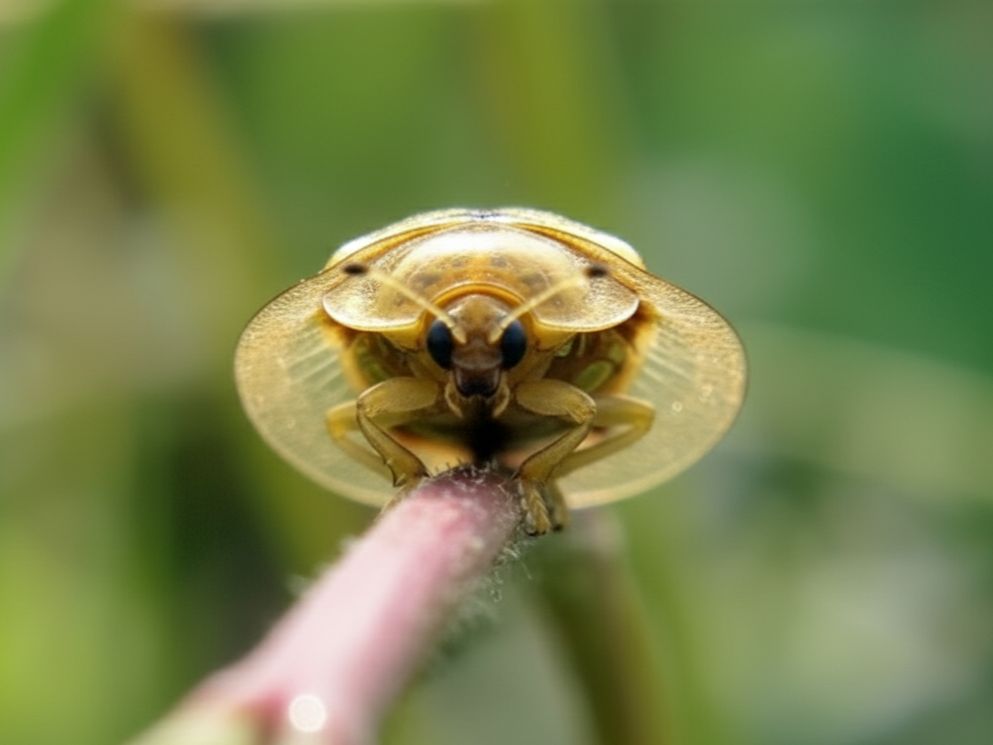 Tampak depan kumbang kura-kura emas di atas batang kecil.