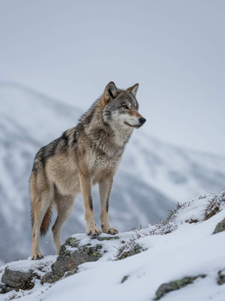 Seekor serigala abu-abu gagah berdiri di atas batu bersalju di habitat musim dingin.