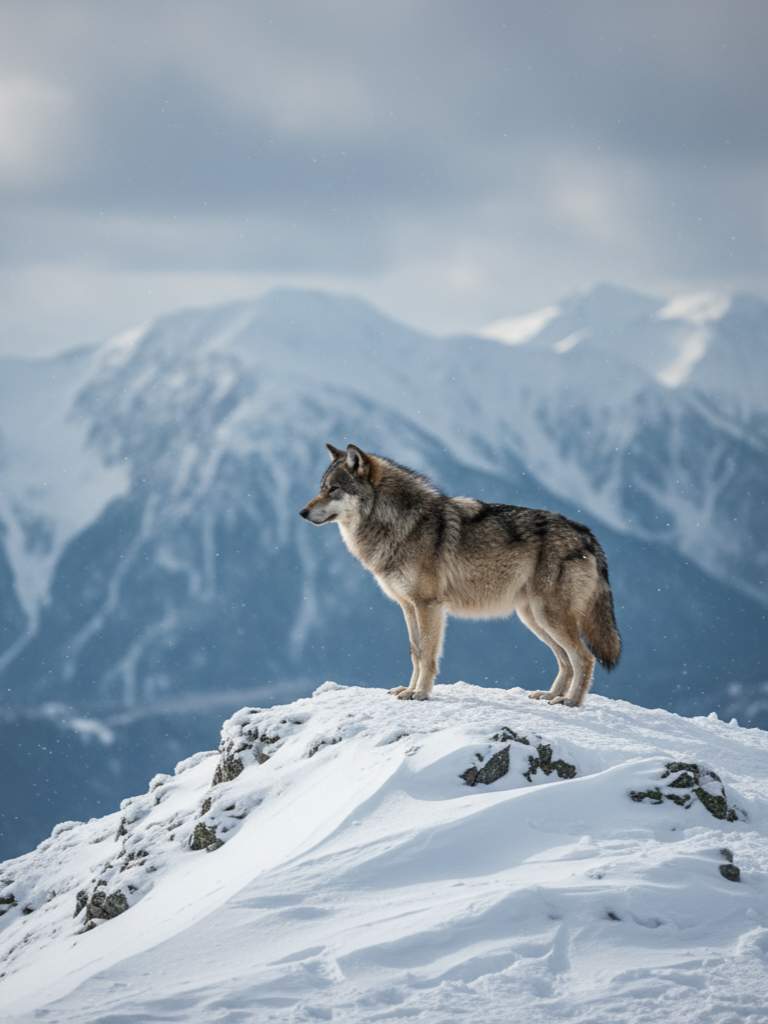 Serigala abu-abu di puncak gunung salju memandang ke arah lembah yang luas.