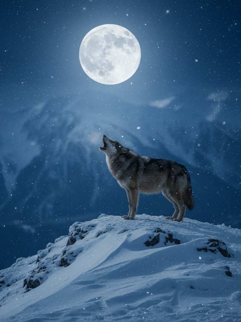 Siluet seekor serigala abu-abu melolong ke arah bulan purnama di malam hari.