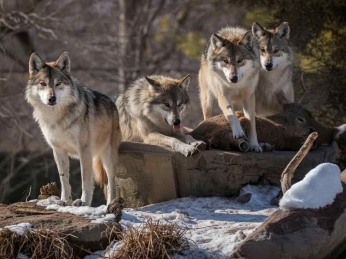 Sekawanan serigala abu-abu yang terdiri dari tiga ekor sedang berkumpul di atas bebatuan.