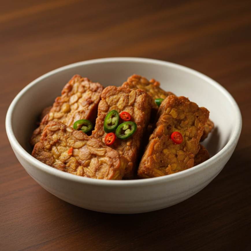 Potongan tempe goreng atau bacem yang dimasak dengan cabai dan bumbu