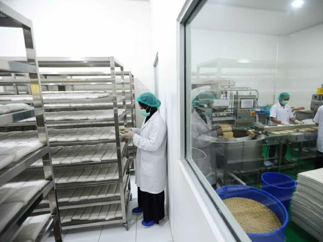 Manajemen Kualitas Tempe: Produksi Higienis Skala Besar Area fermentasi tempe dengan rak-rak baki, diawasi oleh pekerja di fasilitas bersih