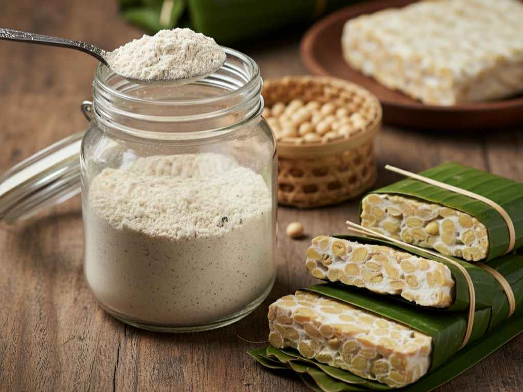 Starter Ragi Tempe: Inokulan Rhizopus oligosporus untuk Pembuatan Tempe Bubuk ragi tempe, biji kedelai kering, dan potongan tempe mentah