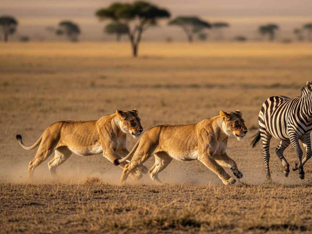 Aksi dramatis dua singa betina yang sedang berlari kencang untuk mengejar dan berburu seekor zebra di padang rumput Afrika.