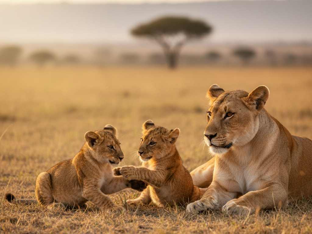 Seekor singa betina dewasa sedang berbaring sambil mengawasi dua anaknya yang lucu sedang asyik bermain di padang rumput sabana.