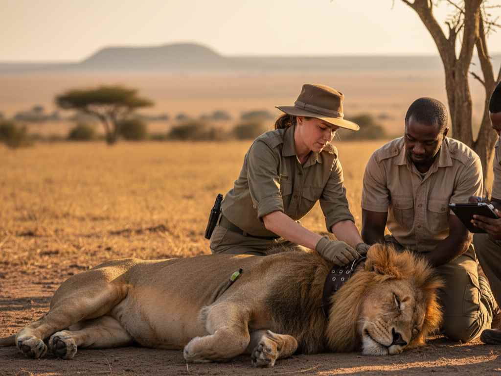 Dua orang peneliti satwa liar sedang memasang kalung pelacak pada seekor singa jantan besar di sabana Afrika sebagai bagian dari upaya konservasi.