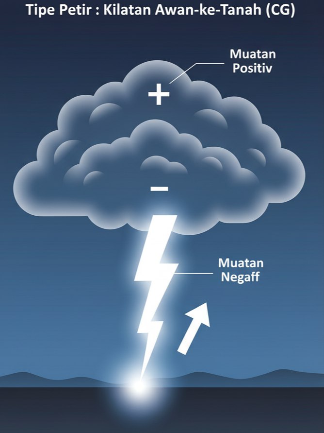 Ilustrasi ilmiah Kilatan Awan-ke-Tanah (CG) Negatif, menunjukkan pemindahan Muatan Negatif dari awan ke tanah.