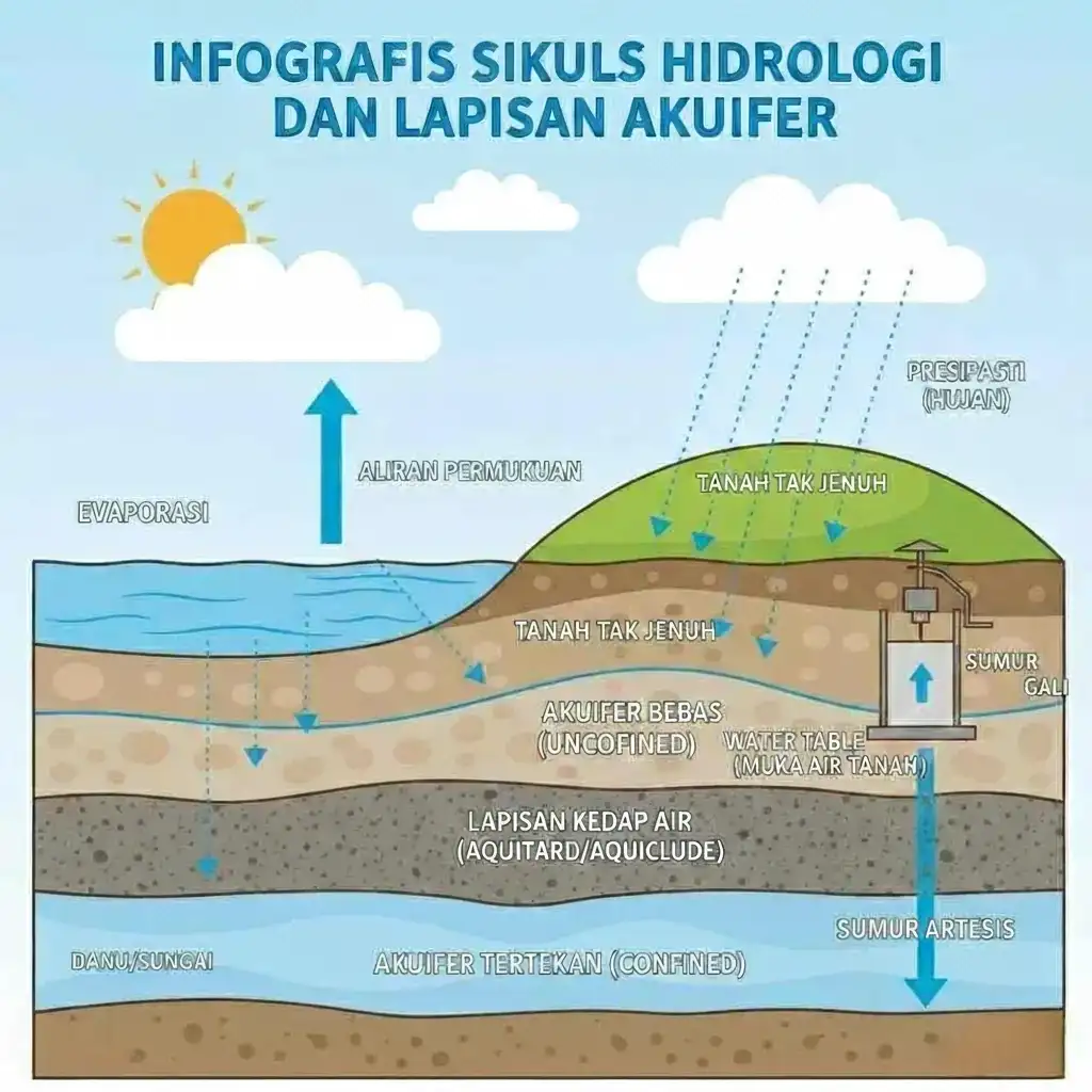 Diagram Siklus Hidrologi, menampilkan presipitasi, evaporasi, aliran permukaan, dan lapisan akuifer (Bebas, Tertekan, dan Aquitard).