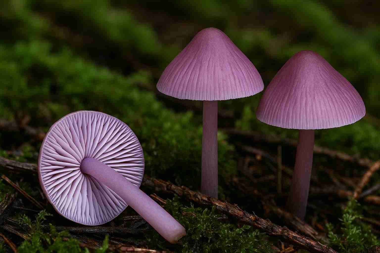 Sekelompok jamur beracun Mycena pura berwarna ungu (lilac) yang tumbuh di antara serasah daun.