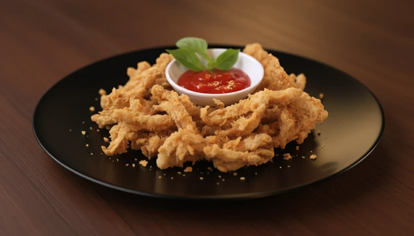 Jamur krispi berwarna emas yang sangat renyah, camilan khas Indonesia yang bikin nagih, disajikan dengan cocolan saus sambal pedas.