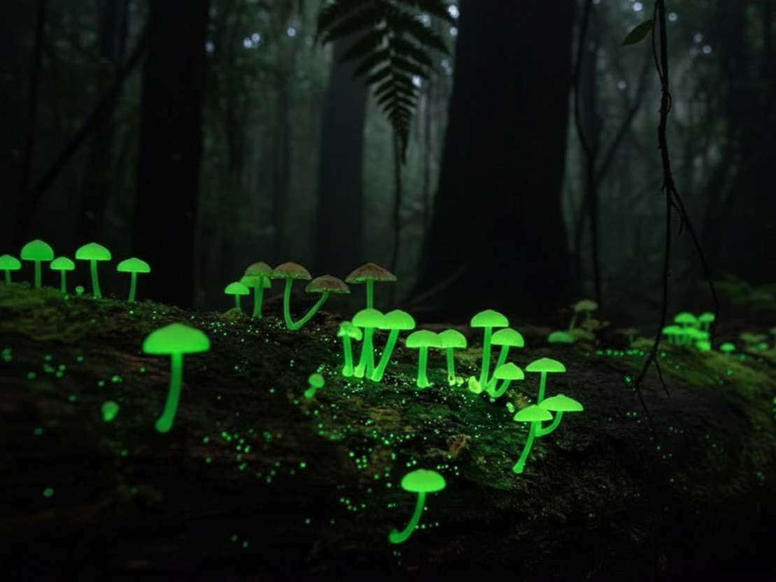 Jamur Mycena chlorophos bercahaya hijau terang di lantai hutan yang gelap, menunjukkan fenomena bioluminesensi.