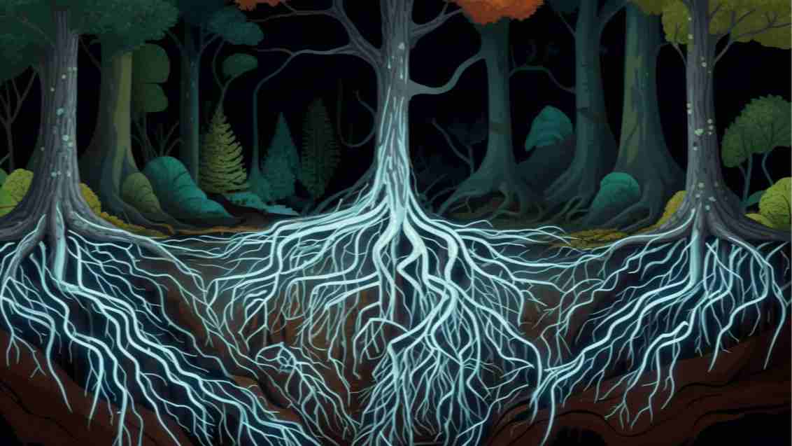 Ilustrasi jaringan miselium jamur mikoriza yang menghubungkan akar-akar pohon di bawah tanah, konsep Wood Wide Web.