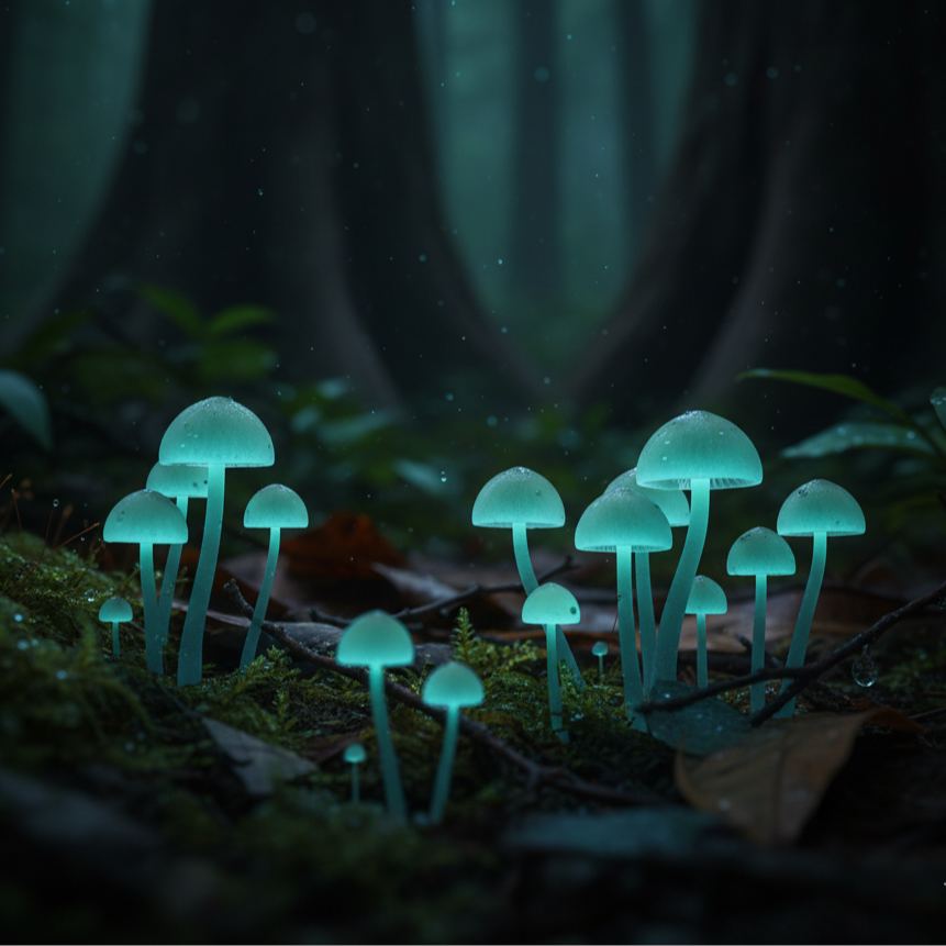Fenomena Bioluminesensi Sekelompok jamur Mycena kecil yang memancarkan cahaya biru kehijauan di tengah kegelapan hutan.