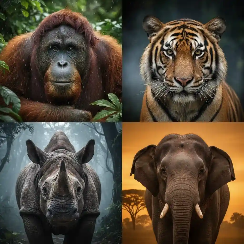 Potret satwa langka Indonesia seperti orangutan, harimau sumatera, badak jawa, dan gajah sumatera sebagai simbol konservasi alam.