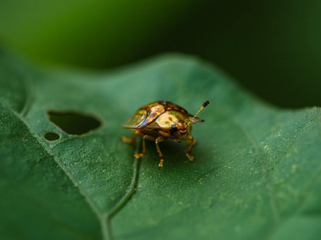 Kepik emas kecoklatan bergerak di tepi daun.