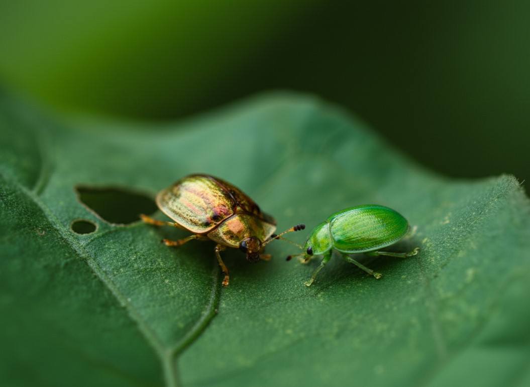 kepik emas berdekatan di daun