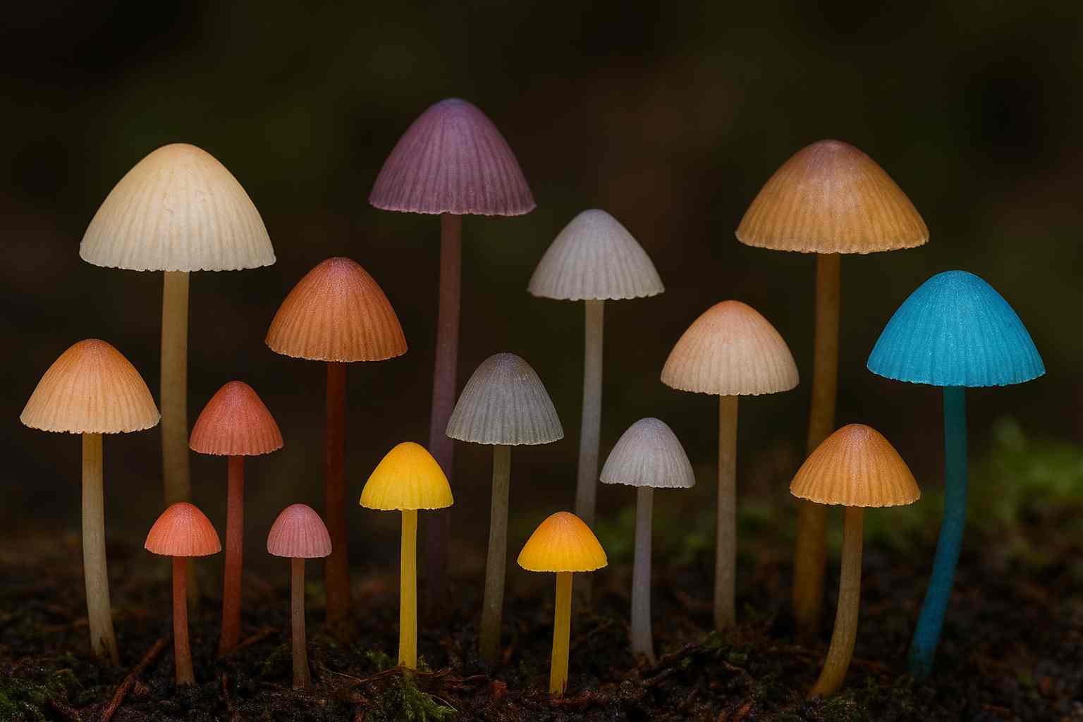Berbagai jenis jamur dari genus Mycena yang menunjukkan keragaman bentuk, ukuran, dan warna di habitat alaminya.