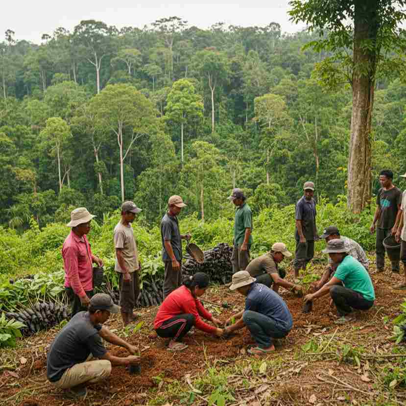 Warga lokal bersama-sama menanam pohon di kawasan hutan untuk upaya reboisasi.