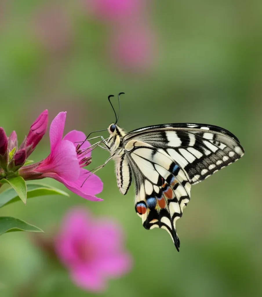 Seekor kupu-kupu Swallowtail (Papilio machaon) dengan sayap kuning-hitam dan bintik biru-merah sedang hinggap di atas bunga berwarna pink.