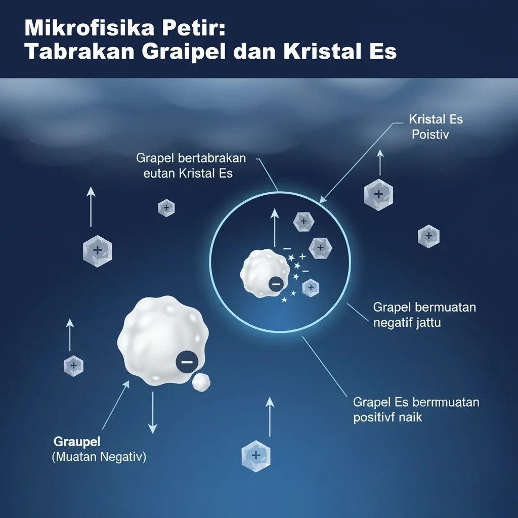 Diagram Mikrofisika Petir yang menjelaskan pemisahan muatan listrik akibat tabrakan Graupel bermuatan negatif dan Kristal Es bermuatan positif.
