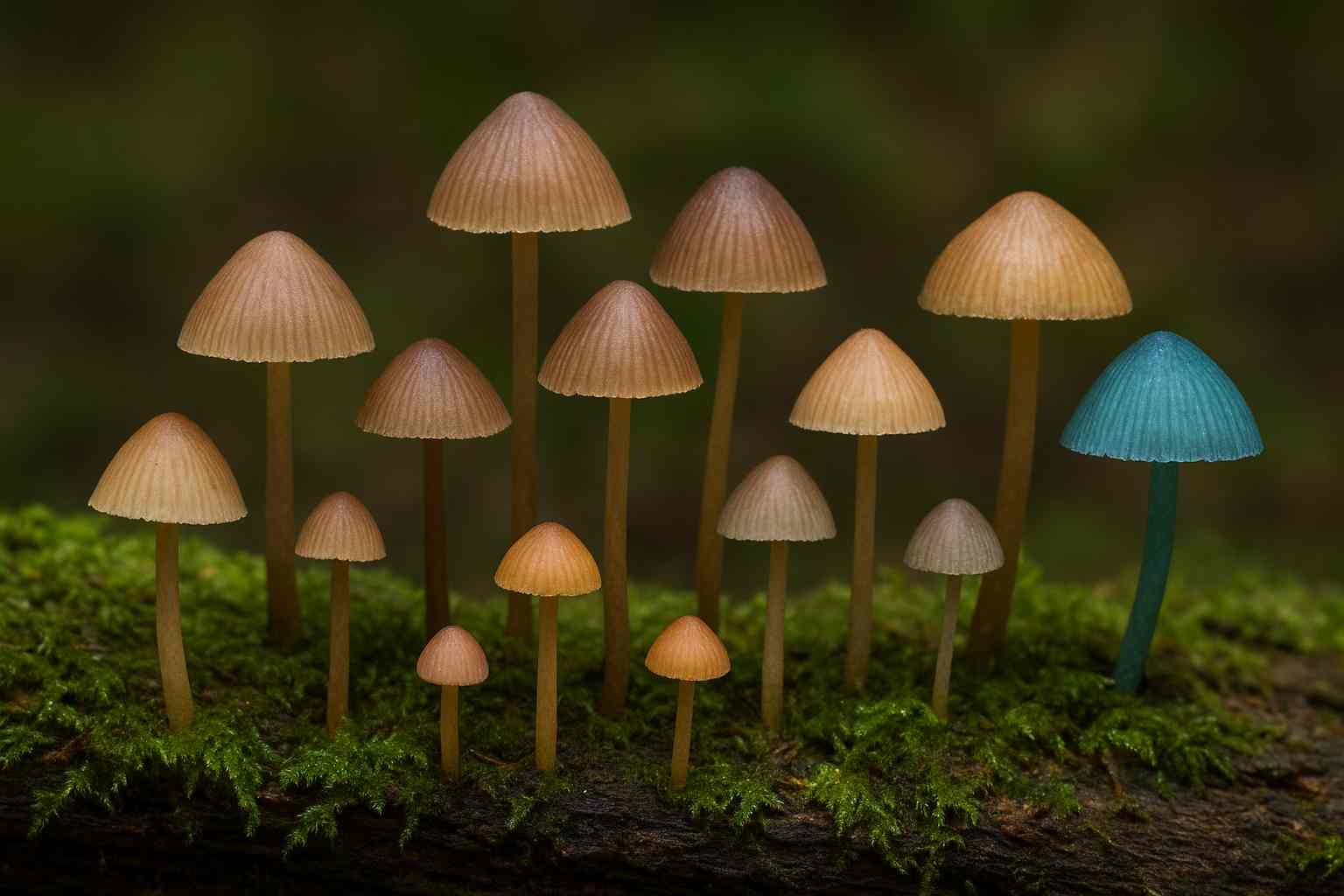 Sekelompok jamur Mycena tumbuh di atas kayu lapuk yang tertutup lumut, menunjukkan peran pentingnya sebagai dekomposer di alam.